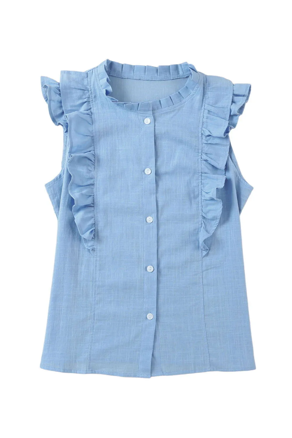 Light Blue Ruffle Trim Sleeveless Button Up Shirt